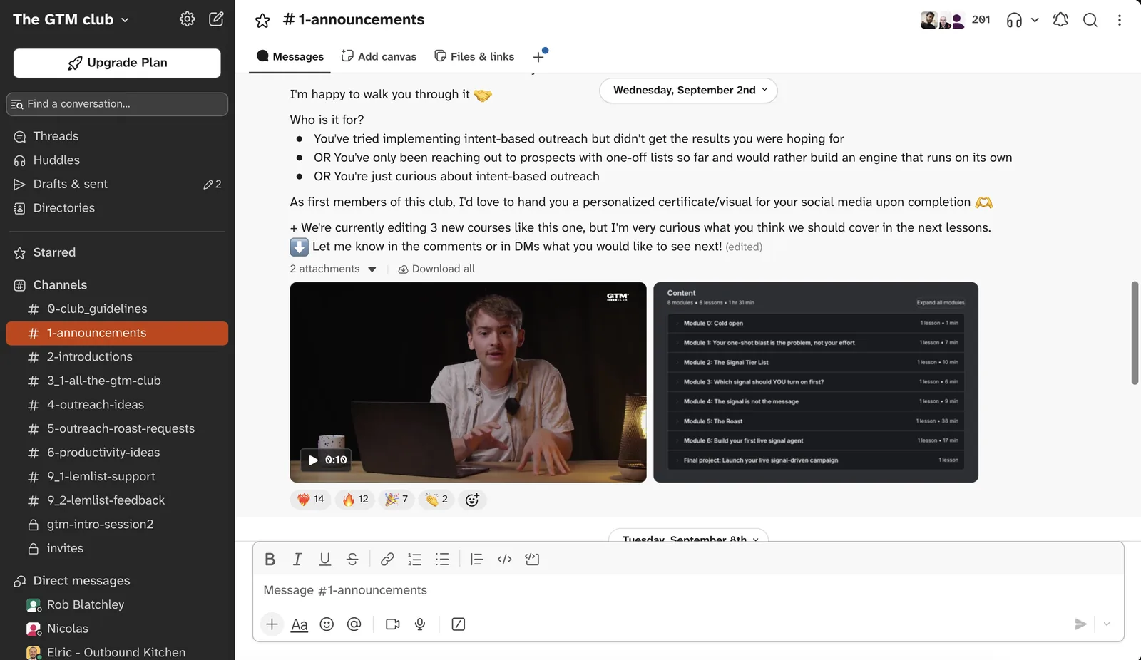 The GTM Club Slack, open on the #1-announcements channel.